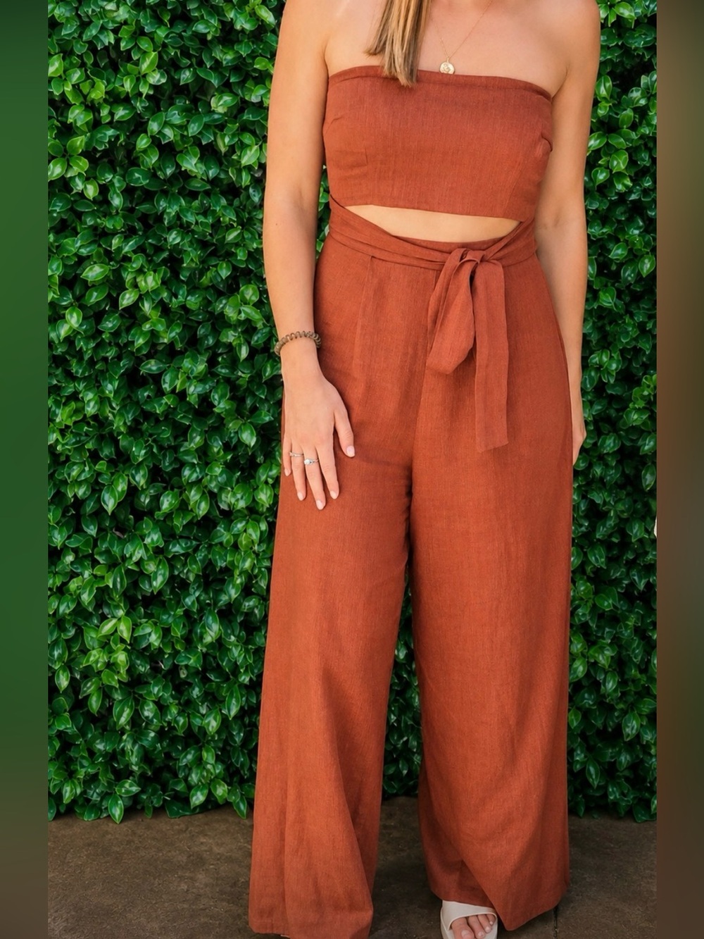 Rust Terracotta Linen-Look Strapless Wide Leg Jumpsuit | Boho Y2K